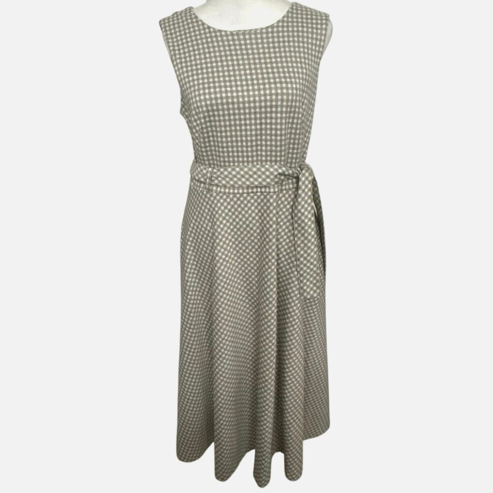Calvin Klein Gingham Midi Dress Taupe Belt Fit Flare Preppy Minimalist Cottage 8